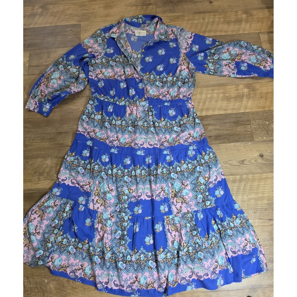 Destination 365 Dress Womens XLP Blue Floral Tiered Button Boho Fairy Prairie